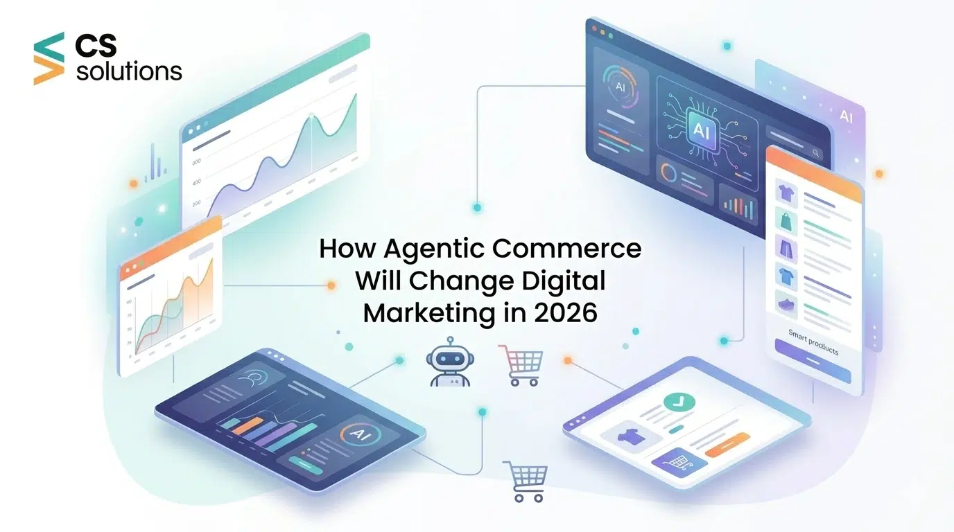 Agentic commerce in digital marketing showing AI agents making autonomous purchase decisions and optimizing SEO strategies in 2026